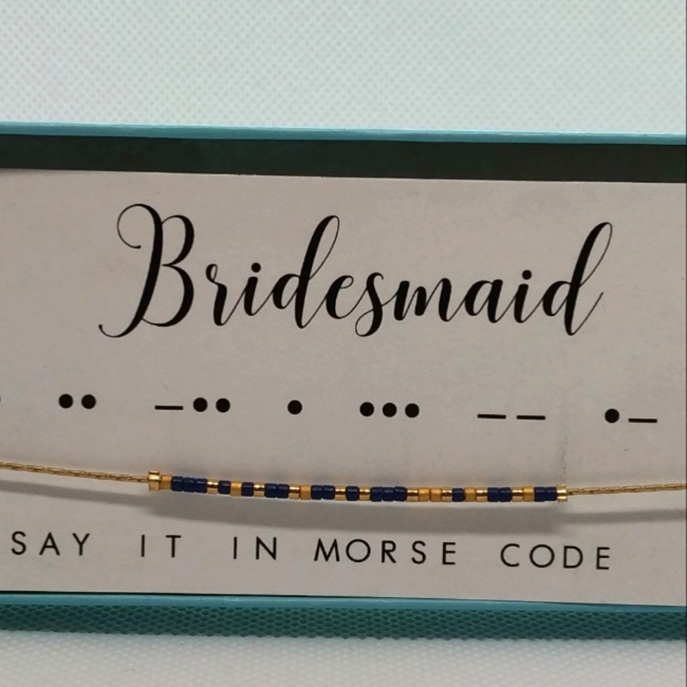 2 for $10 Dot & Dash mores code Bridesmaid necklace. Gold and blue beads. Nwt